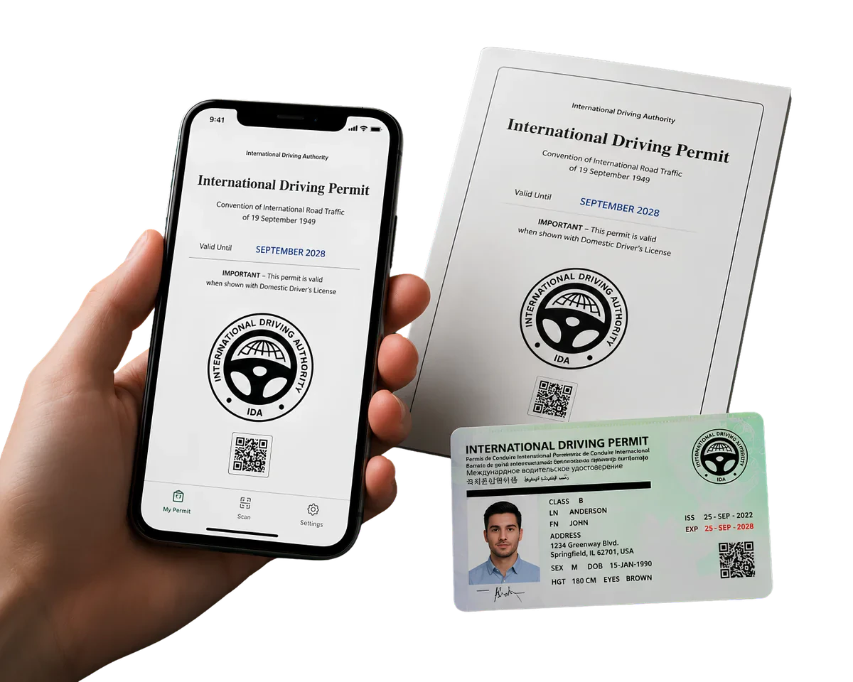 WorldIDP International Driving Permit shown on a phone, as a printed booklet and as a wallet card