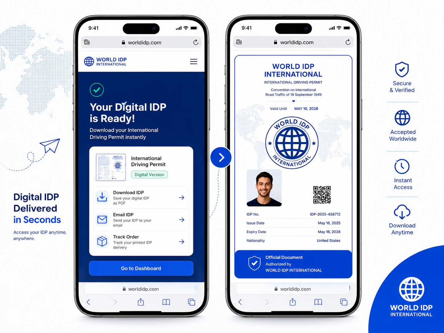 Two phones showing the digital IDP — a ready-to-download screen and the digital permit card with photo, QR code, IDP number, issue and expiry dates