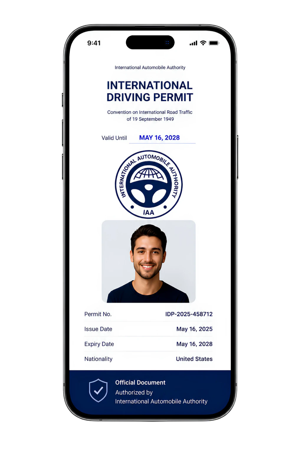 Digital International Driving Permit displayed on a smartphone with holder photo and QR code