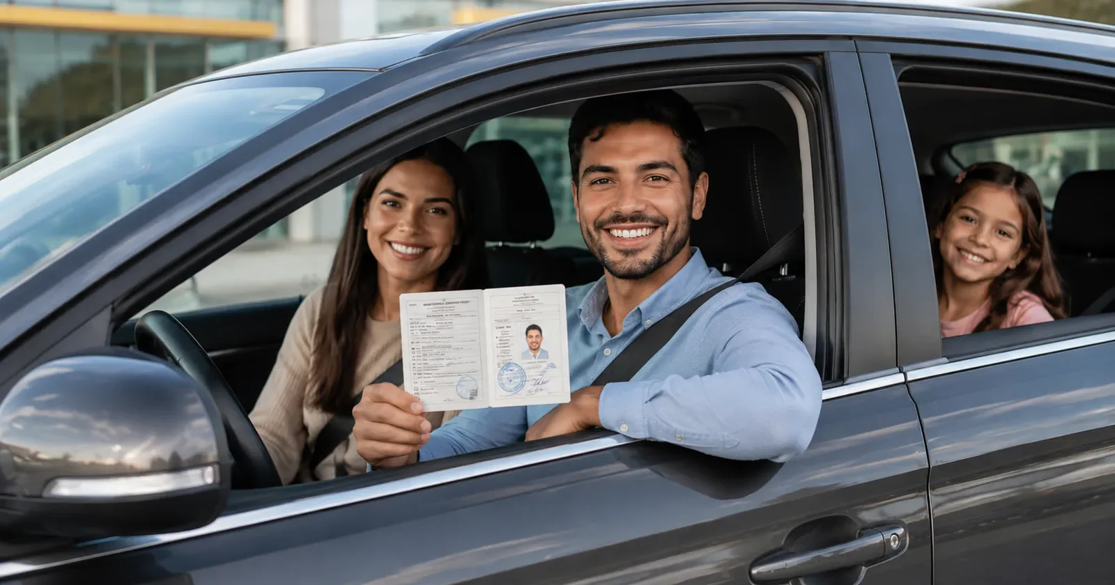 Traveler presenting driving documents during an international car rental check