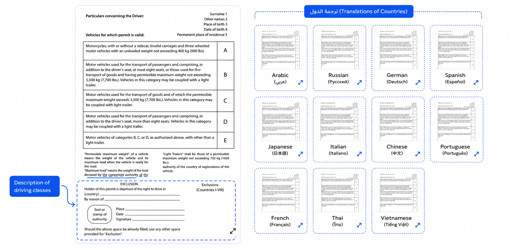 Detailed description of driving categories A to E with weight limits, next to a grid of the permit translated into Arabic, Russian, German, Spanish, Japanese, Italian, Chinese, Portuguese, French, Thai and Vietnamese