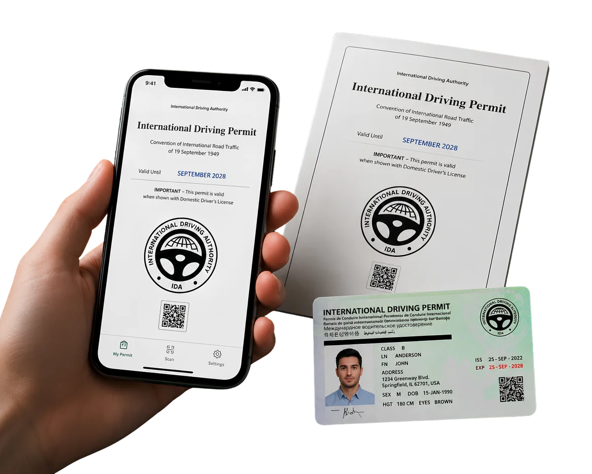 WorldIDP International Driving Permit shown on a phone, as a printed booklet and as a wallet card