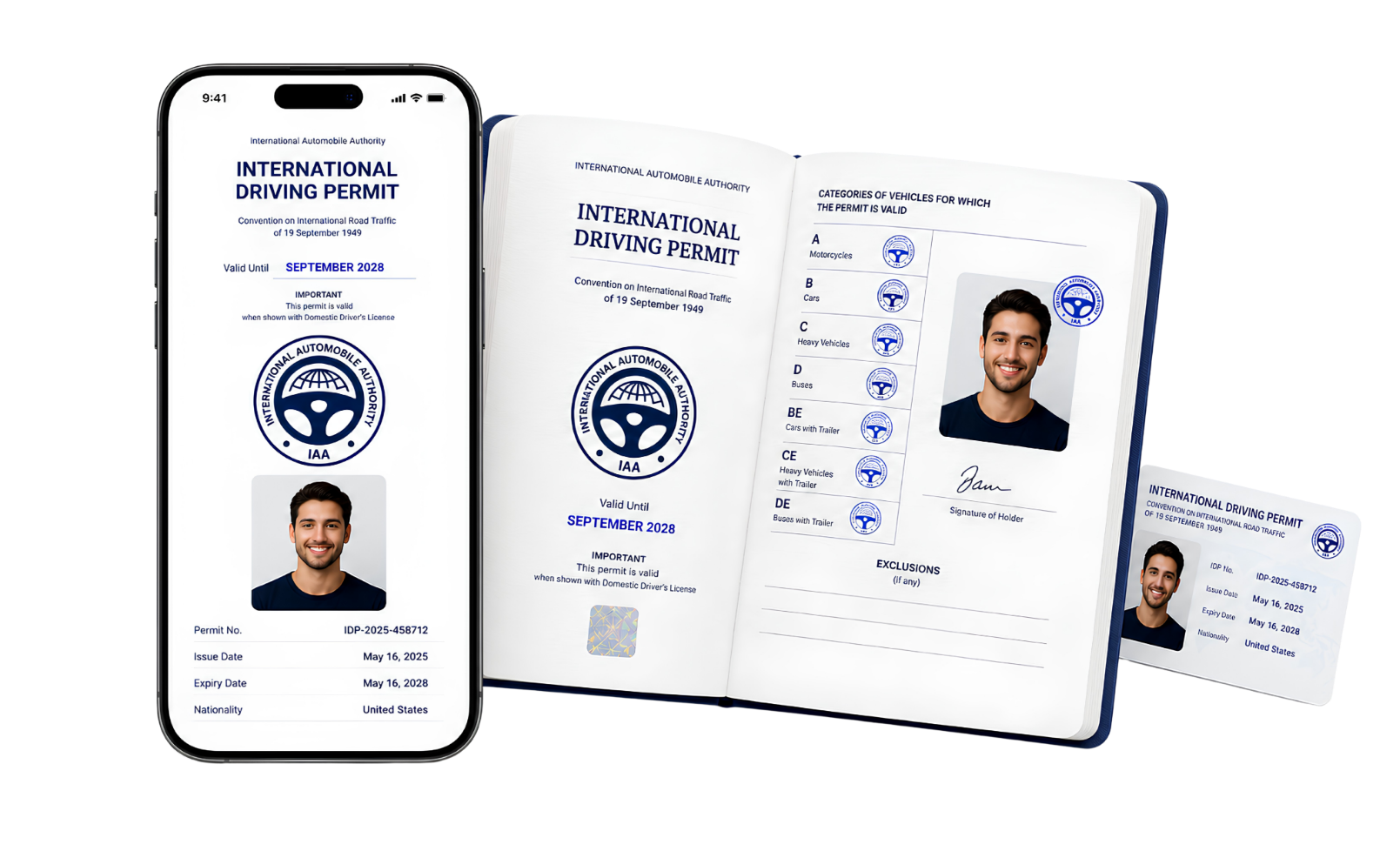 Printed IDP booklet, pocket ID card and digital permit on a phone