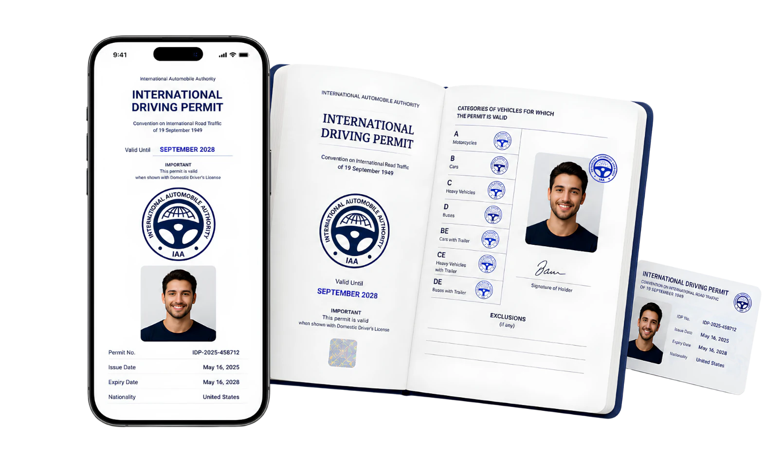 Printed booklet, pocket card and digital driving document shown together